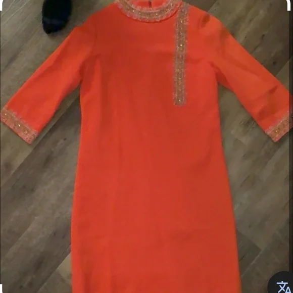 Vintage Chic Orange Midi Dress with Gold & White Embellishment - Picture 4 of 10